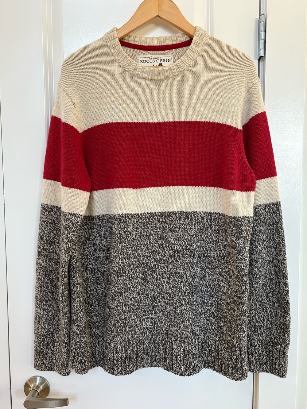 Roots Cabin Crewneck Stripe Sweater in Red/Cream/Gray Medium Men’s